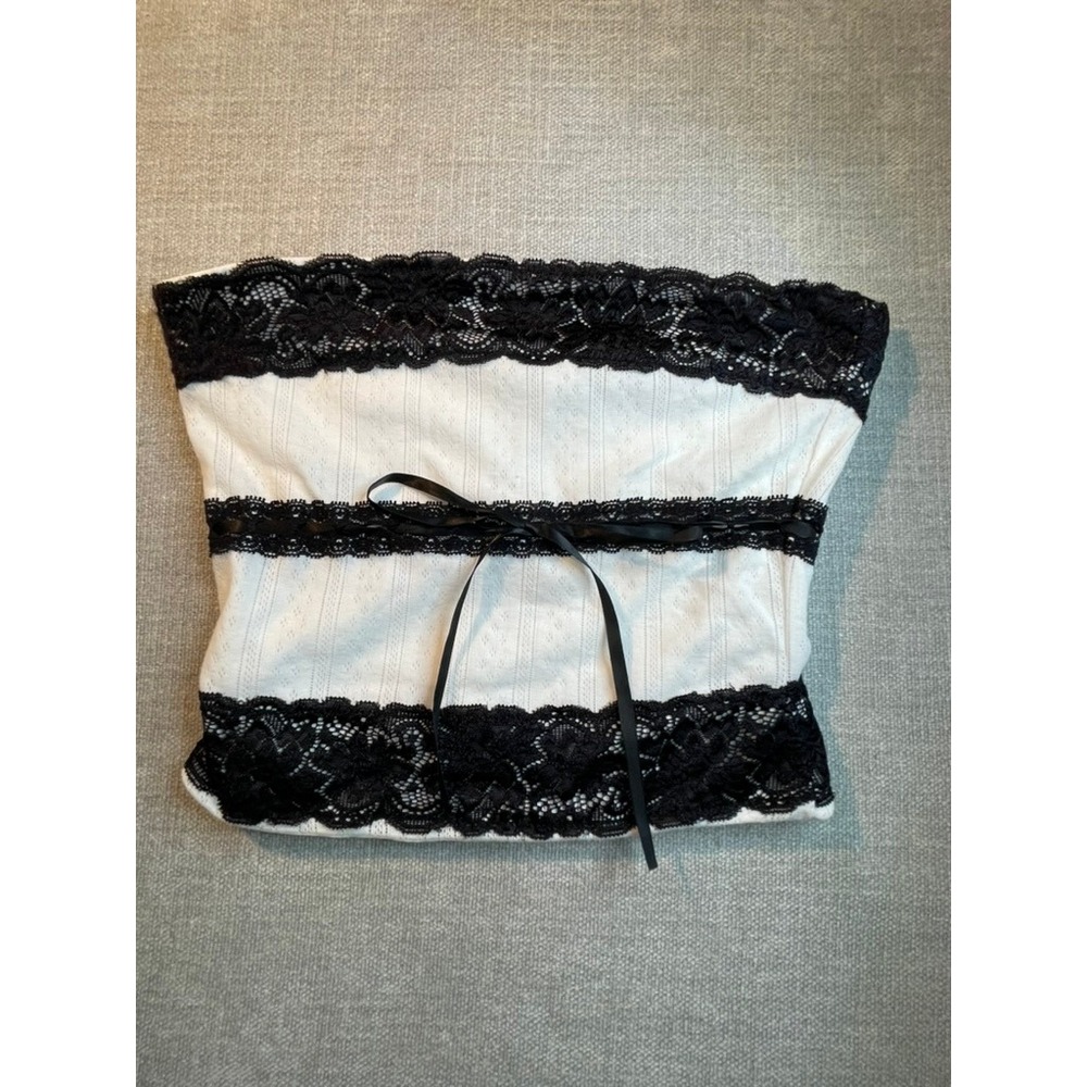 Tiger Mist White & Black Lace Ribbon Bow Tube Top Size Small